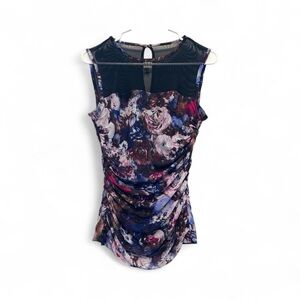 Y2K Era Cache Multicolor Floral Top with Black Sheer Bust Detail Size XS